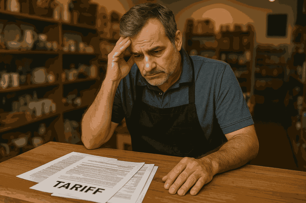 A small-business owner standing in their shop looking worried, with “tariff” paperwork spread out on the counter.