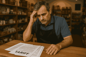 A small-business owner standing in their shop looking worried, with “tariff” paperwork spread out on the counter.