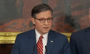 Speaker Mike Johnson takes questions from the press at the Capitol. (Screenshot via X)