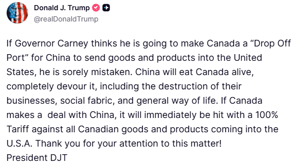 Trump threatens 100% tariffs on Canada over China deal; Trump calls off tariffs on Europe over Greenland Trump threatens 100% tariffs on Canada over China deal; Trump calls off tariffs on Europe over Greenland