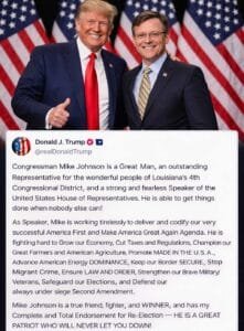 Trump Goes All-In on Speaker Mike Johnson With Glowing Endorsement, Calls Him ‘Fearless’ and a ‘True Patriot’
