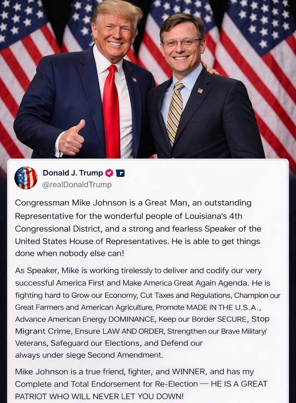 Trump Goes All-In on Speaker Mike Johnson With Glowing Endorsement, Calls Him ‘Fearless’ and a ‘True Patriot’