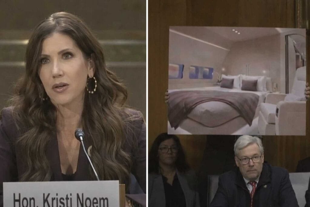 Senator Confronts Kristi Noem With Photo of Luxury Jet Bedroom During Hearing