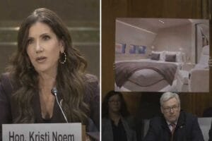 Senator Confronts Kristi Noem With Photo of Luxury Jet Bedroom During Hearing