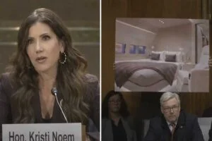 Senator Confronts Kristi Noem With Photo of Luxury Jet Bedroom During Hearing